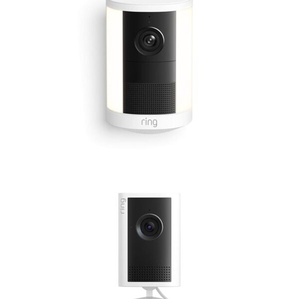 Kit de Seguridad Ring Cámara con Luz de Enfoque Inalámbrica 2da Generación Blanca y Cámara para Interiores Ring Plus Bla