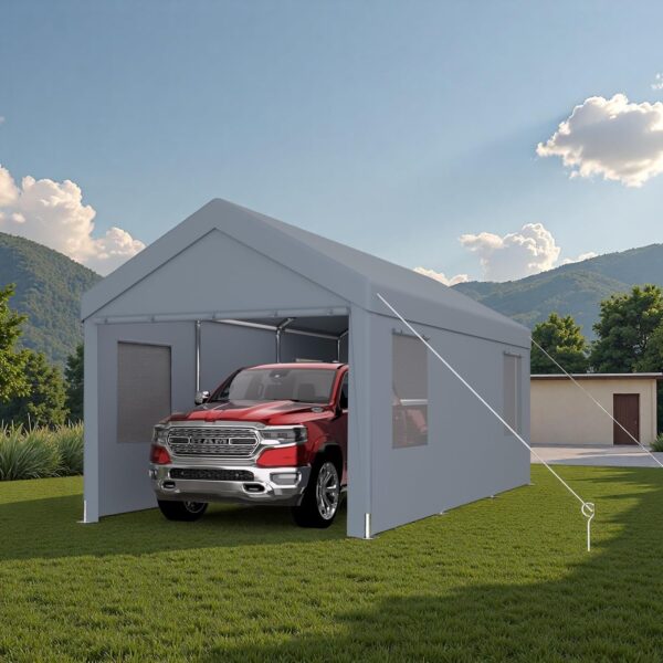 Toldo Garaje Portátil Trygoal 2 Roll-up Doors 12x20 pies Gris con 2 Puertas Enrollables y 4 Ventanas Ventiladas