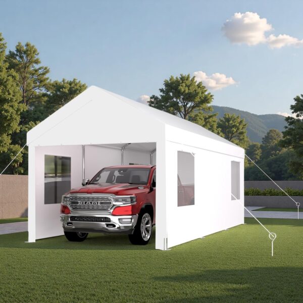Toldo Trygoal 2 Roll-up Doors 12x20 pies Garaje Portátil Blanco con 2 Puertas Enrollables y 4 Ventanas Ventiladas