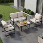 Juego de Muebles de Patio GAOMON CWPPG_34YNQ5HJ8T 4 Piezas Sofá de Conversación con Mesa Marco de Metal Color Beige