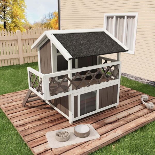 Casa para Gatos GarveeTech Outdoor Cat House 2 Pisos con Balcón Madera de Ingeniería Marrón Techo de Asfalto