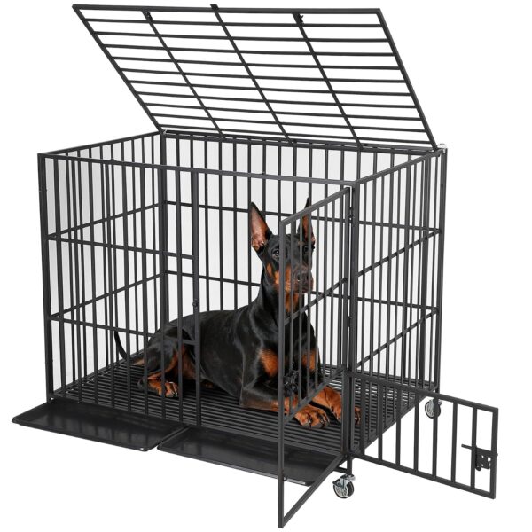 Jaula para Perros BouPower 54 Pulgadas Acero Negro con 3 Puertas Bandeja Extraíble y Ruedas