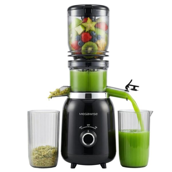 MEGAWISE Máquina exprimidora de masticación lenta, exprimidor de prensa en frío con alto rendimiento de jugo, motor sile