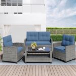 Juego de Muebles de Patio Shintenchi STC-KX4ZKK 4 Piezas Ratán Tejido Marco de Acero Mesa de Centro con Vidrio Templado