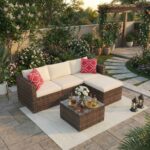 Juego de Muebles de Patio GarveeTech 5 Piezas Sofá Modular de Ratán Café Beige con Mesa de Vidrio Templado