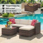 Juego de Muebles de Patio GarveeTech 5 Piezas Sofá Modular de Ratán Café Beige con Mesa de Vidrio Templado