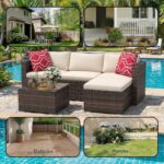 Juego de Muebles de Patio GarveeTech 5 Piezas Sofá Modular de Ratán Café Beige con Mesa de Vidrio Templado