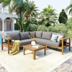 Juego de Muebles de Patio Merax YYPS249E 4 Piezas Sofá Seccional en L Madera de Acacia con Mesa Auxiliar