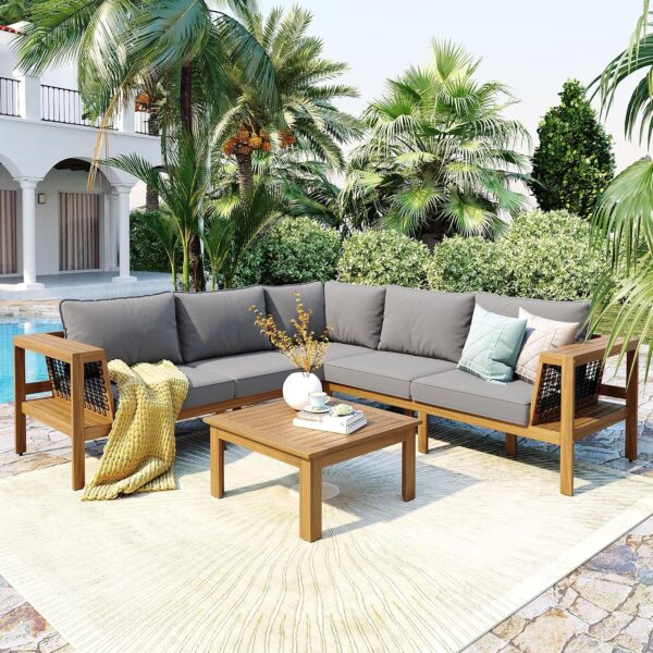 Juego de Muebles de Patio Merax YYPS249E 4 Piezas Sofá Seccional en L Madera de Acacia con Mesa Auxiliar