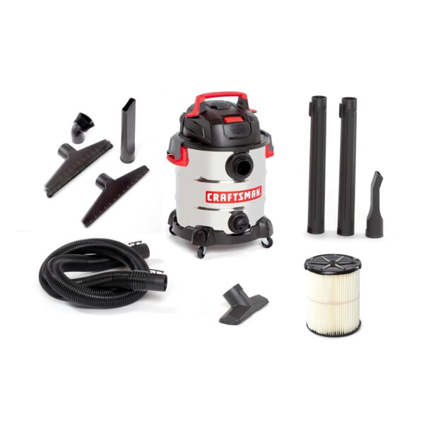 Aspiradora Wet Dry Vac CRAFTSMAN CMXEVBE17155 10 Galones 6.0 HP Pico Tambor de Acero Inoxidable con Manguera y Kit de Ac