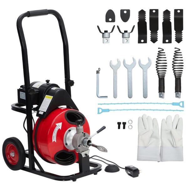Heavy Duty 100FT x 3/8" Auto-Feed Electric Sewer Auger – 370W Drain Cleaning Machine for 1-4" Pipes, 8 Cutters, Air-Foot