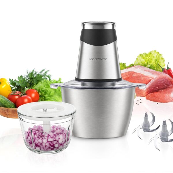 MEGAWISE Picadora eléctrica de alimentos y picadora de carne, cuchillas de acero inoxidable, picadora de gran capacidad