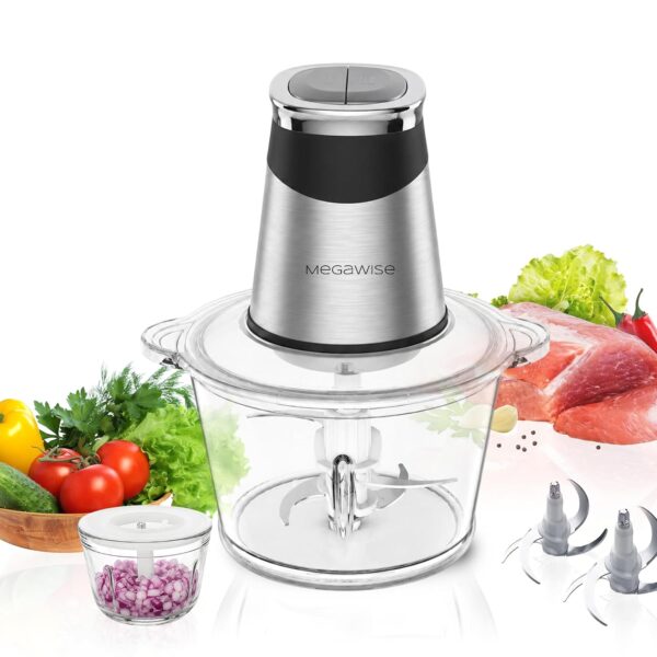 MEGAWISE Picadora eléctrica de alimentos y picadora de carne, cuchillas de acero inoxidable, picadora de carne de gran c