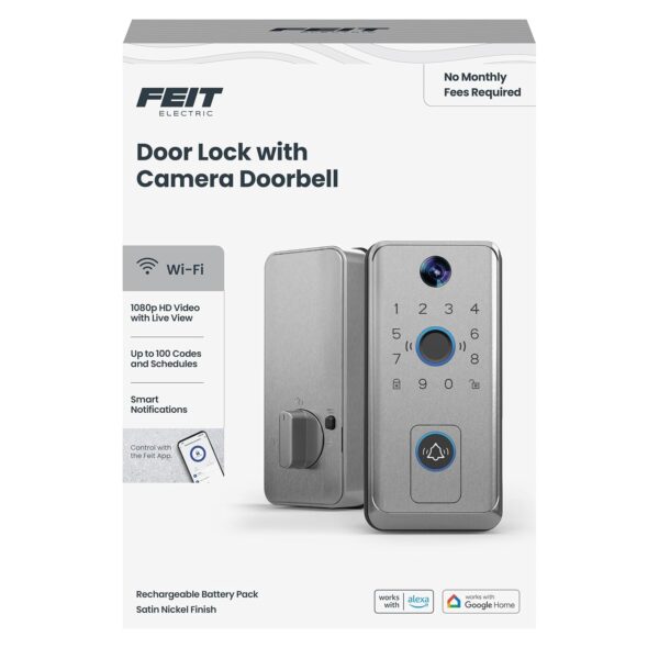 Feit Electric Cerradura de puerta inteligente con timbre de cámara HD, video de 1080p, entrada de huellas dactilares y t