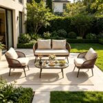 Juego de Muebles de Patio Tribesigns VCBZMN 4 Piezas Mimbre de Ratán Mesa de Centro de Cristal Marrón