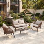 Juego de Muebles de Patio Tribesigns VCBZMN 4 Piezas Mimbre de Ratán Mesa de Centro de Cristal Marrón