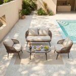 Juego de Muebles de Patio Tribesigns VCBZMN 4 Piezas Mimbre de Ratán Mesa de Centro de Cristal Marrón