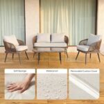Juego de Muebles de Patio Tribesigns VCBZMN 4 Piezas Mimbre de Ratán Mesa de Centro de Cristal Marrón
