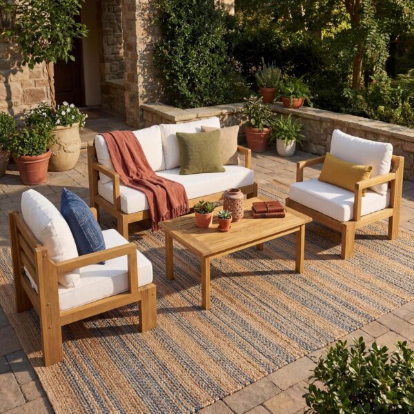 Juego de Muebles de Patio Christopher Knight Home Bayah 375597 4 Piezas Madera de Acacia Beige Natural con Cojines Extra