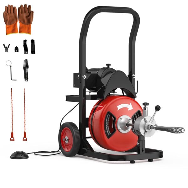 Máquina limpiadora de drenaje de cables de 100 pies de 1/2 pulgada, alimentación automática de 450 W, serpiente de alcan