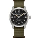 Reloj Hamilton Khaki Field H69509930 caja de acero inoxidable de 40 milímetros esfera negra correa de nailon verde crist