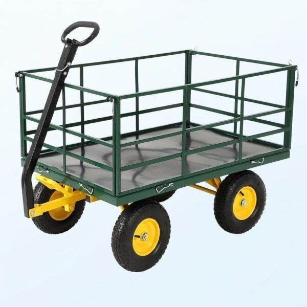 Carrito de jardín de acero resistente 4 en 1, capacidad de 1500 libras, ruedas todo terreno de 13 pulgadas, laterales de