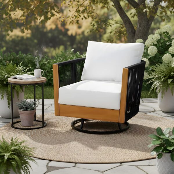 Silla Giratoria Christopher Knight Home Gunar 372895 de Madera de Acacia y Metal con Cojín y Acento de Cuerda para Exter