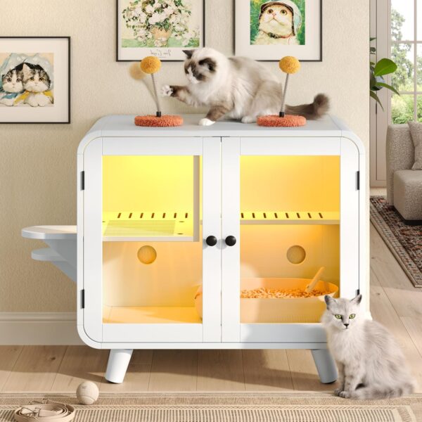 Gabinete para Gatos GDFStudio 380191 Estilo TV Retro con Puertas de Vidrio Iluminación RGB Blanco