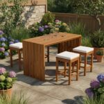 Set de Bar para Exterior GDFStudio 379005 5 Piezas Madera de Acacia con Cojines Beige