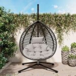 Silla Hamaca con Soporte GDFStudio 333199 Silla de Huevo Ratán HDPE Marco de Hierro Capacidad 330 Libras Negro y Gris