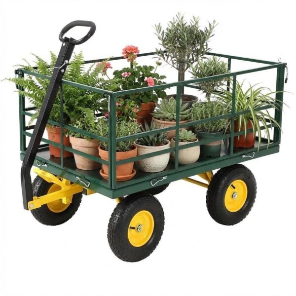 COZONY Carrito de jardín de acero 4 en 1 resistente, carro utilitario de capacidad de 1500 libras, ruedas todo terreno d