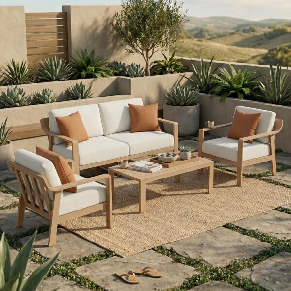 Juego de Muebles de Aluminio para Patio KISLOT P7O008 4 Piezas con Mesa Auxiliar Cojines Lavables Forma L Acabado Grano