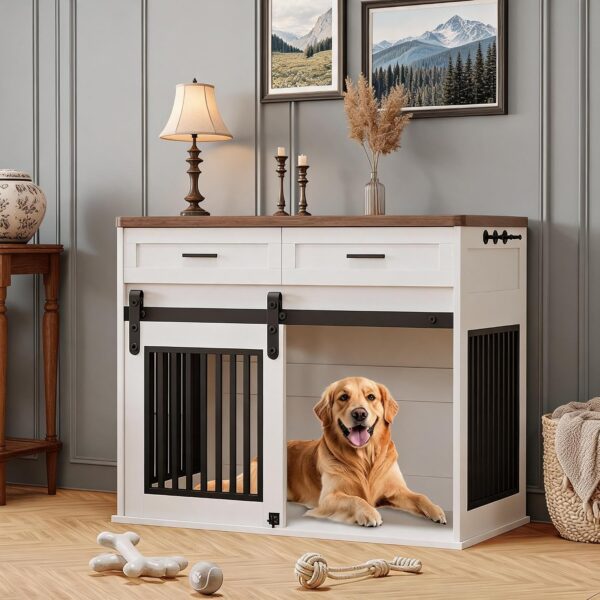 Mueble de Madera para Perros PeacefulHues 42.1 x 22.8 x 33.3 Pulgadas con Cajones de Almacenamiento y Puertas Corredizas