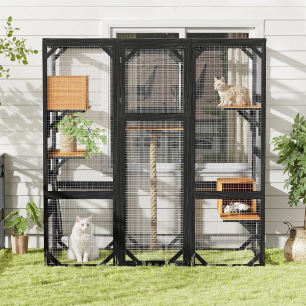 Casa para Gatos al Aire Libre Merax Catio con Puertas de Doble Entrada 62.8 x 32.2 x 68.5 Pulgadas Negro