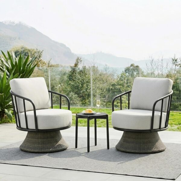 Juego de Patio KISLOT P7O021 3 Piezas Sillas Giratorias con Mesa Auxiliar Ratán Gris Oscuro Cojín Gris Claro