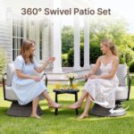 Juego de Patio KISLOT P7O021 3 Piezas Sillas Giratorias con Mesa Auxiliar Ratán Gris Oscuro Cojín Gris Claro