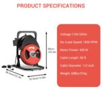 50FTx1/2 Inch Sewer Snake Electric Drain,Drain Cleaner Machine for 2" to 4" Pipes, Plumbing Snake Auger Cleaner with Whe