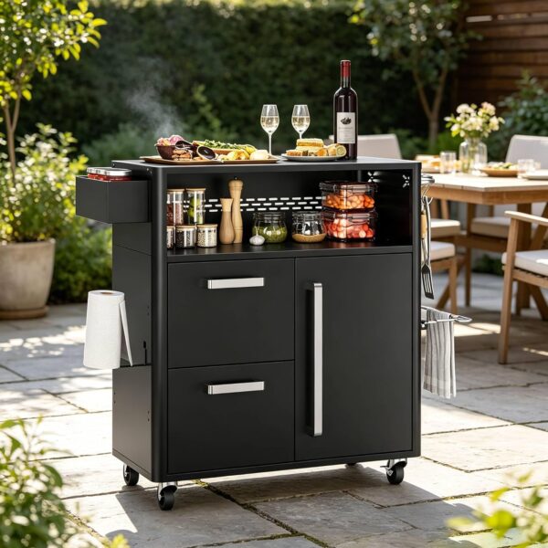 Carrito de parrilla para exteriores resistente con mesa de preparación de acero inoxidable, carrito móvil para isla de b