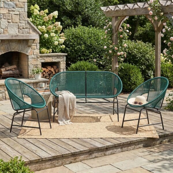 Juego de Muebles de Patio Christopher Knight Home Dessa 378796 3 Piezas Verde Azulado Ratán Sintético y Hierro