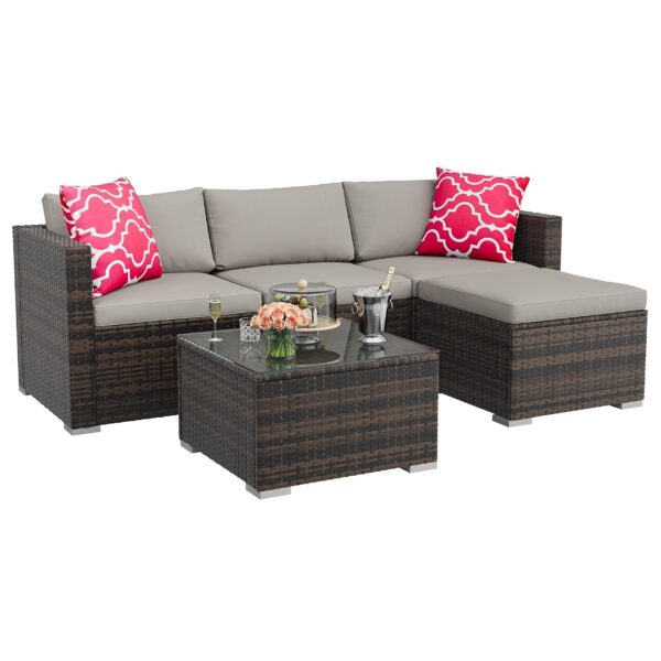 Juego de Muebles de Patio GAOMON PHO_34UKRUP7 Sofá Modular Convertible 5 Piezas con Otomana y Mesa de Vidrio Templado Ra