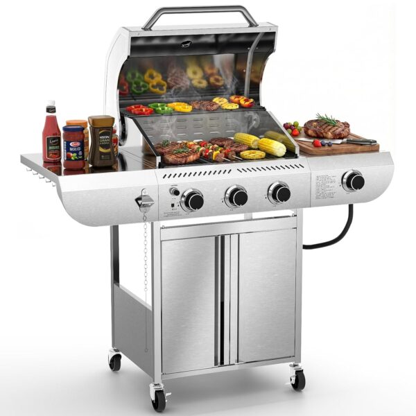 Parrilla de Gas Propano COWSAR 00031GBA0 3 Quemadores Acero Inoxidable 34000 BTU con Quemador Lateral