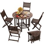 Juego de Comedor de Patio Greesum GS-0326BN-1 5 Piezas Madera de Acacia Marrón Oscuro Mesa Redonda Plegable con Ruedas y