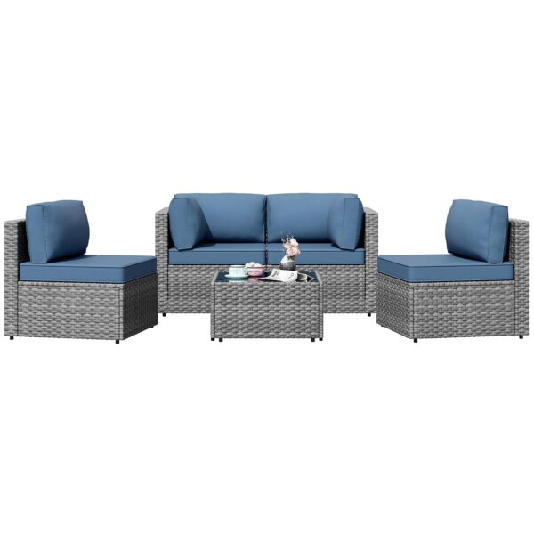 Juego de Muebles de Patio Shintenchi TBSF 5 Piezas Mimbre de Ratán PE Gris y Azul Egeo con Mesa de Centro