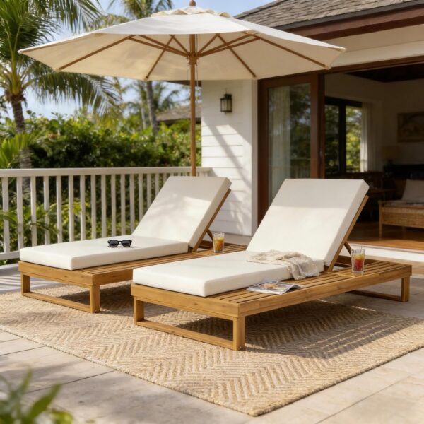 Tumbona Merax MeraxTeak Madera de Acacia Cojín Crema 4 Posiciones Ajustable 78.94 Pulgadas