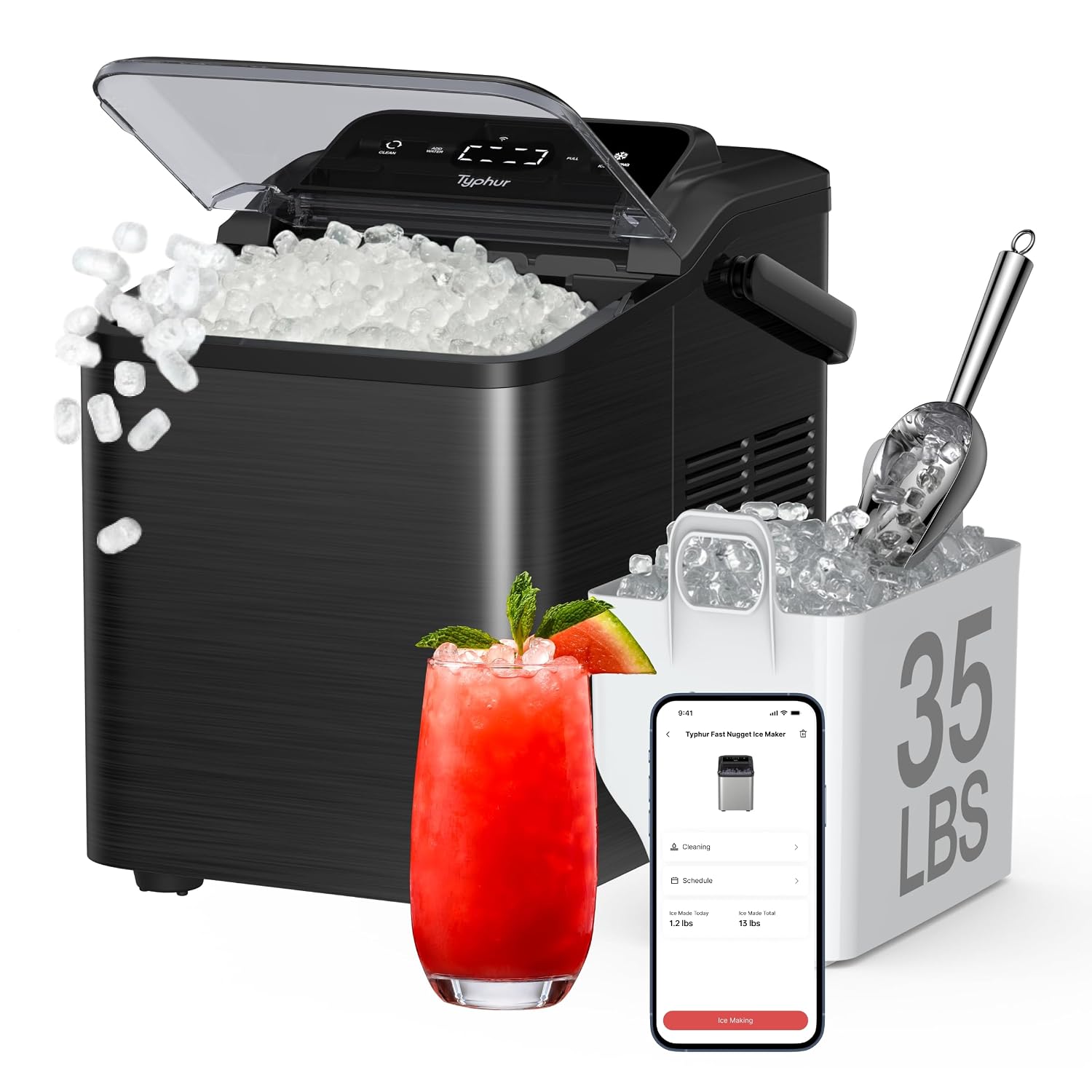 Typhur Smart Nugget - Máquina de hielo con control de aplicación, máquina de hielo de guijarros, máquina de hielo portát