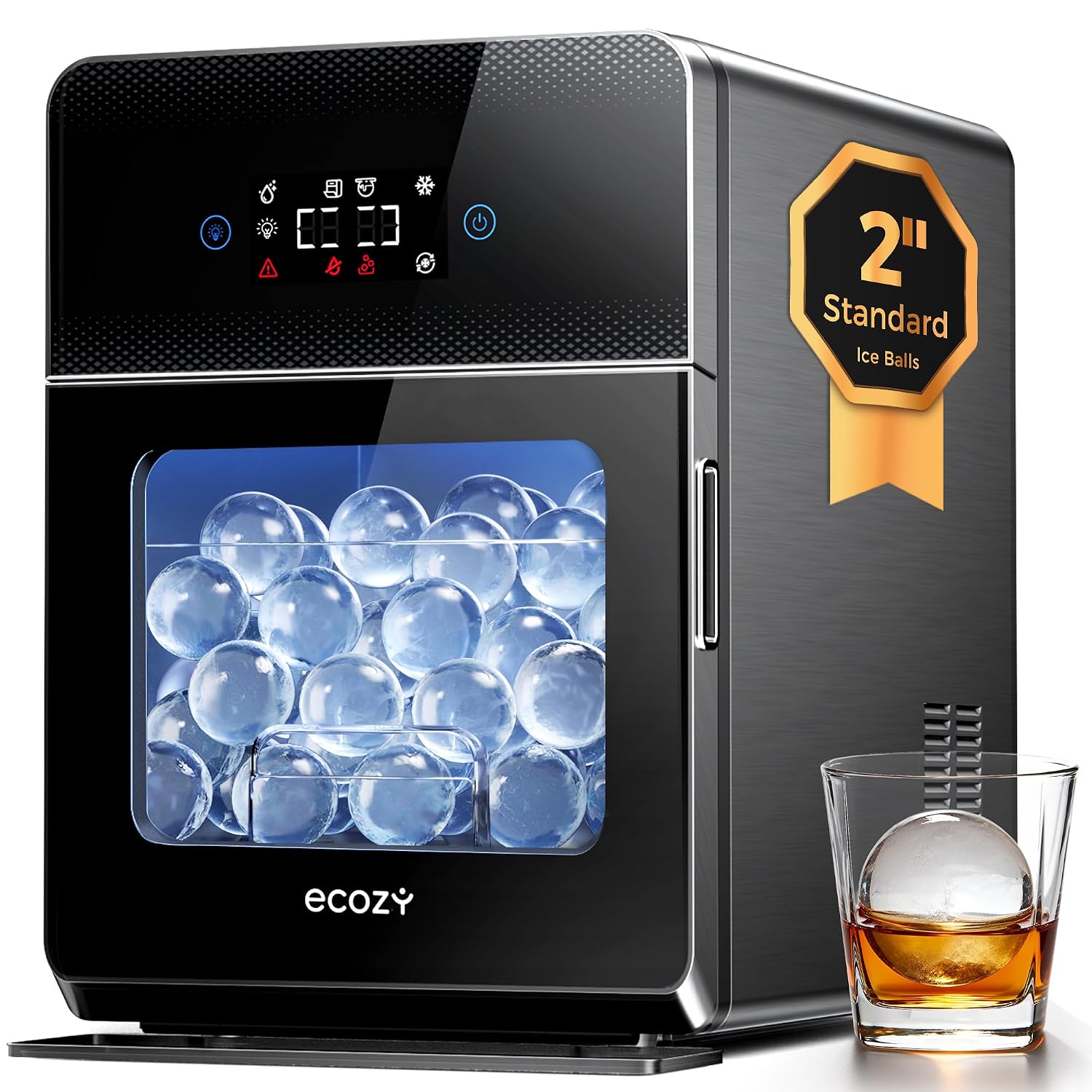 ecozy Encimera de bolas de hielo de 2 pulgadas, máquina de hacer hielo de esfera transparente con tecnología CrystalFlux