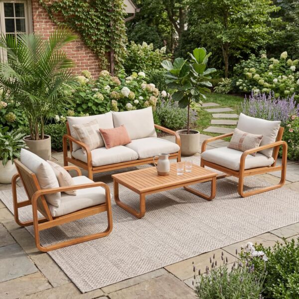 Juego de Muebles de Patio Christopher Knight Home Coddy 380268 4 Piezas Madera de Acacia con Mesa Auxiliar y Cojines Bei