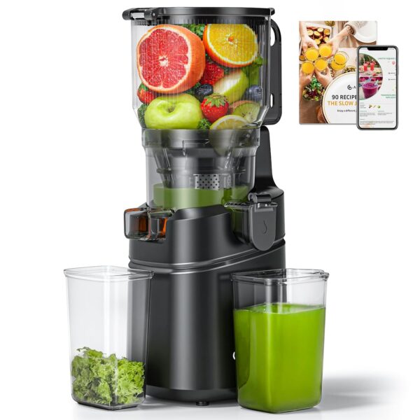 AMZCHEF Exprimidor de prensa en frío, tolva de boca ancha de 6.5 pulgadas para carga de recetas enteras, alimentación au