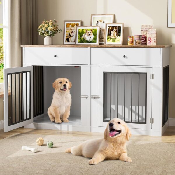 Mueble Jaula para Perros Garvee 60.2 Pulgadas 2 Puertas 2 Cajones Madera de Ingeniería y Metal Blanco Marrón