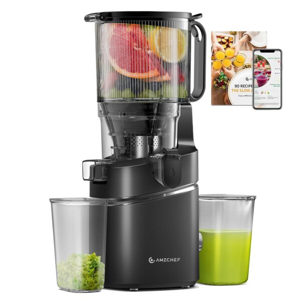 AMZCHEF Exprimidor de prensa en frío – Tolva de boca ancha de 5.8 pulgadas para carga de recetas enteras, autoalimentaci